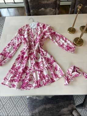 Floral Print Pink Midi Dress with Tie Waist